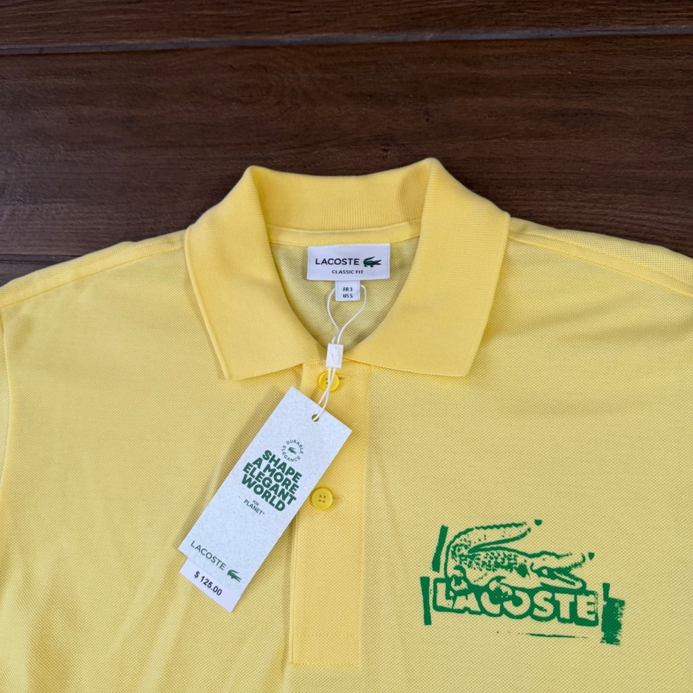 Lacoste Mens Classic Fit Yellow Cotton Pique Polo Shirt Graphic Logo Size S FR 3